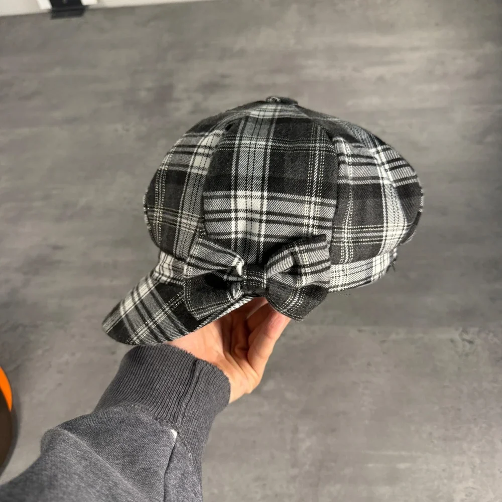 Newsboy Cap Women OS Black White‎ Plaid Bow Baker Boy Cabbie Hat Polo Twee Core